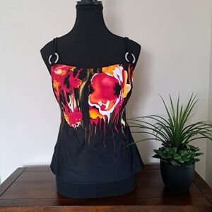 Christina Swimwear Tankini Top Women's Size 10D Floral Black Bathing Suit Beach